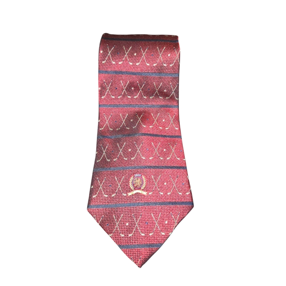 Tommy HIlfiger VTG USA Maroon & Navy Striped Golf Themed Italian Silk Tie 58"X4"